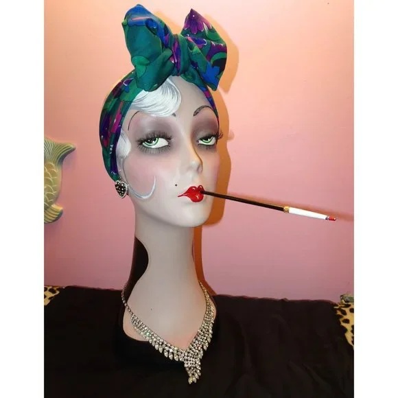 Vintage Purple & Blue Floral Scarf pinup retro rockabilly head wrap bow neck - Picture 5 of 10